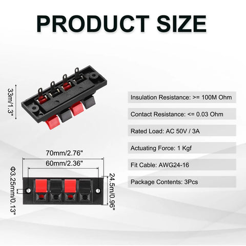 Four Way Spring Terminal Clip Push Release Connector Plate For Speakers, dimensions 70mm x 24.5mm x 33mm, red black color coding