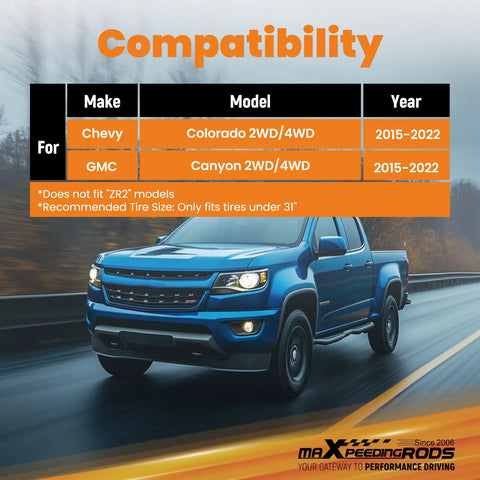 Compatibility chart for 3 Inch Front 2 Inch Rear Leveling Lift Kit For Chevy Colorado GMC Canyon 2015-2022 2WD 4WD.