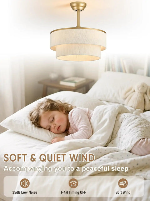 Boho Fandelier Ceiling Fan with Light, Gold Chandelier Fan and Remote hanging above a sleeping child in a cozy bedroom.