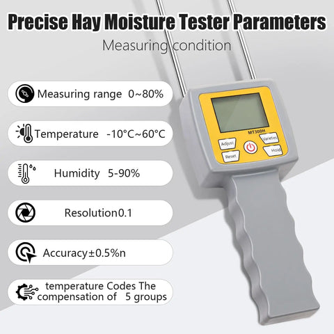 Pro Grade Dual Probe Hay Moisture Tester With Temperature Humidity Compensation For Hay Bales And Forage, Portable Meter With LCD Backlit Display For Alfalfa, Grass, Pennisetum Hydridum And Leymus Chinensis showing display and probes