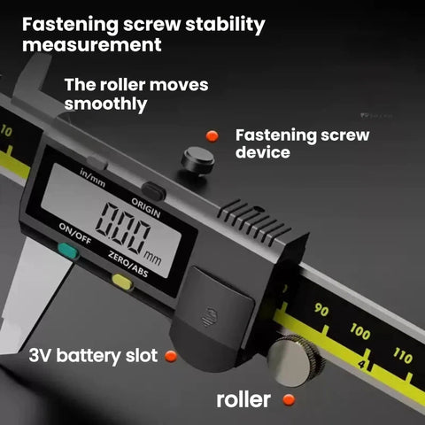 Beast 6 Inch Digital Caliper With Absolute Encoder, High Precision 0.01mm Resolution, 200mm Stainless Steel Electronic Measuring Tool For Machining, Woodworking, Automotive, And DIY Projects showing roller and battery slot