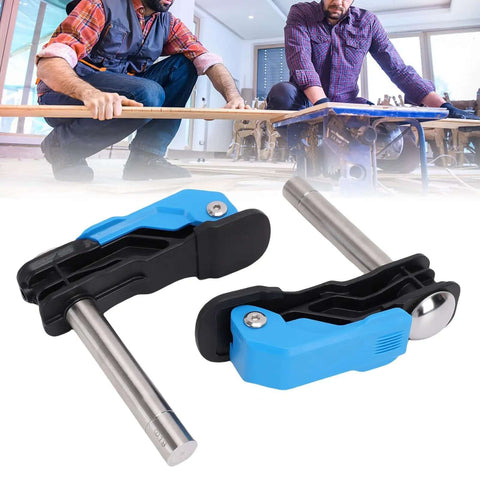 Two Pack Adjustable 19mm Bench Dog Hole Clamps in blue plastic and stainless steel for woodworking workbench