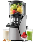 EanOruus 3-in-1 Cold Press Juicer With Huge 6.5 Inch Wide Chute And 100 Oz Tank For Fresh Juice Nut Milk And Sorbet, silver gray finish.