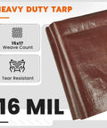 Heavy Duty Waterproof Tarp 12x20 Feet Ultra Thick 16 Mil HDPE Brown fold details with 15x17 weave count, tear resistant feature