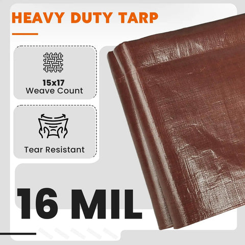 Heavy Duty Waterproof Tarp 12x20 Feet Ultra Thick 16 Mil HDPE Brown fold details with 15x17 weave count, tear resistant feature