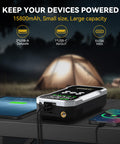 Beast 8000A Jump Starter With Air Compressor and 160 PSI charging devices near a camping tent at night