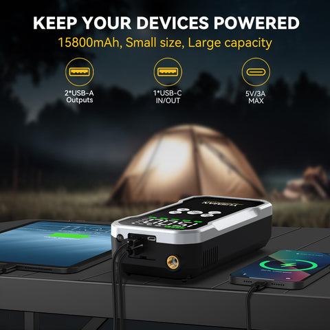 Beast 8000A Jump Starter With Air Compressor and 160 PSI charging devices near a camping tent at night