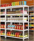 Five Tier Adjustable Metal Wire Shelving Unit Badass Heavy Duty Storage Rack for Garage Kitchen Office with 200 Lb Weight Capacity per Shelf organized with snacks and beverages.