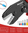 Ferrule Crimping Tool For 24-8 AWG Wire with ratchet mechanism and various ferrule connector sizes displayed