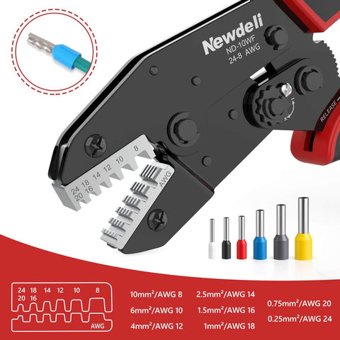 Ferrule Crimping Tool For 24-8 AWG Wire with ratchet mechanism and various ferrule connector sizes displayed