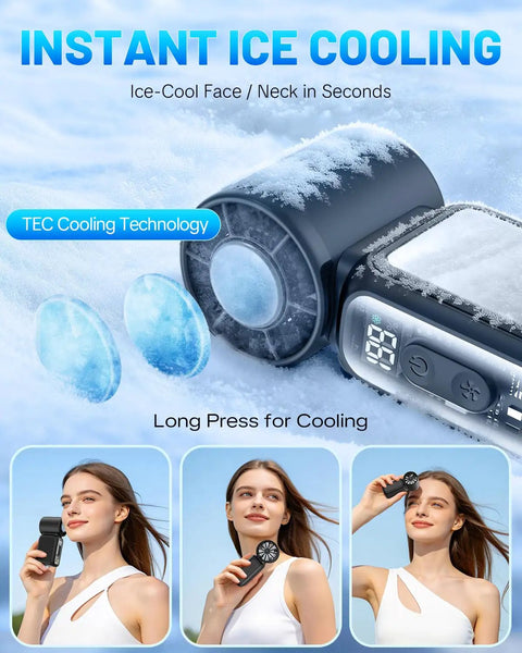 Portable Handheld Fan With Semiconducting Cooling For Quick Face And Neck Chill in use by women demonstrating cooling effect