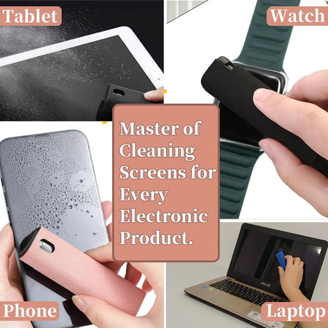 All In One Screen Cleaner Kit For Laptops, Tablets, And Phones, 2 In 1 Spray And Wipe Set in use on tablet, phone, watch, laptop screens