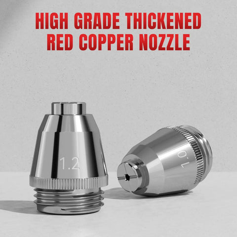 Close-up of high-grade thickened red copper nozzles labeled 1.0 and 1.2 for Plasma Cutter Torch Consumables Kit With Ceramic Cups