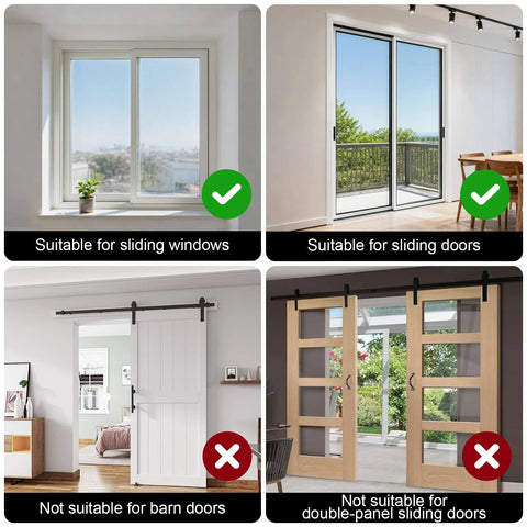 Image showing suitable and unsuitable uses for Sliding Door Security Bar, Heavy Duty Sliding Patio Door Lock Bar, 20-50inch Adjustable White