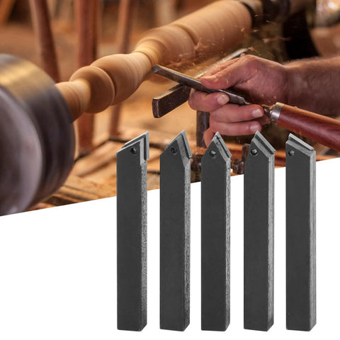 Front view of five dark gray carbide turning tool bits; a five-piece set for turning, boring, chamfering and face milling