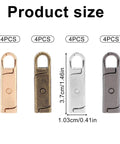 16 Piece Zipper Pull Replacement Set With Four Color Detachable Pullers For Luggage, Jackets, Backpacks, Bags, Suitcases And Shoes, Easy Clips, Stops, Locks, Tabs Repair Kit showing four colored metal zipper pulls with size dimensions in inches and centimeters
