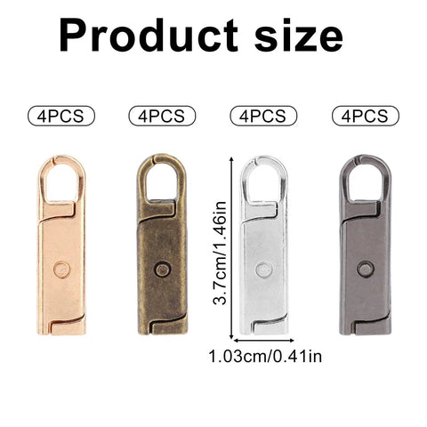 16 Piece Zipper Pull Replacement Set With Four Color Detachable Pullers For Luggage, Jackets, Backpacks, Bags, Suitcases And Shoes, Easy Clips, Stops, Locks, Tabs Repair Kit showing four colored metal zipper pulls with size dimensions in inches and centimeters