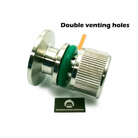 KF25 flange vent valve with green gasket and knurled metal coupling; Brownian motion technology badge visible