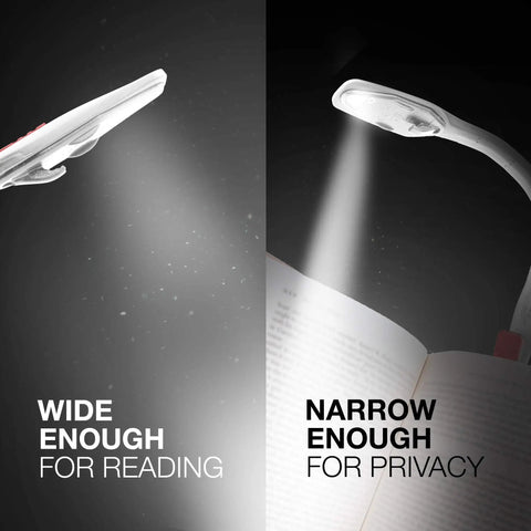 Clip On Book Light For Bed And Kindle Reading, Portable LED Reading Lamp shining wide light on book, showing flexible neck