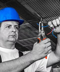 Electrician using 9-In-1 Wire Stripper Tool With Pliers And Cable Cutters Heavy Duty Pro Grade Multi Function Electrical Crimping And Cutting Tool For Copper And Aluminum Wires Stripping Crimping Cutting Repair And Pulling DIY Friendly on ceiling wires.