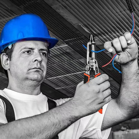 Electrician using 9-In-1 Wire Stripper Tool With Pliers And Cable Cutters Heavy Duty Pro Grade Multi Function Electrical Crimping And Cutting Tool For Copper And Aluminum Wires Stripping Crimping Cutting Repair And Pulling DIY Friendly on ceiling wires.