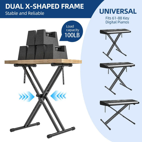 Heavy Duty X Style Keyboard Stand For 54 To 88 Key Electric Pianos And Synth showcasing dual X frame and load capacity of 100 lbs.