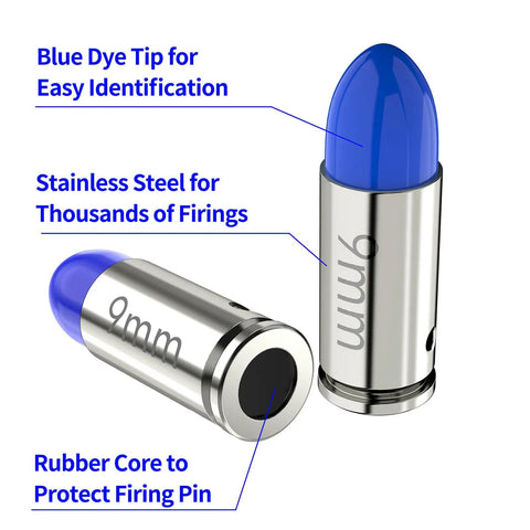 9mm Round Action Training Snap Caps for Dry Fire Practice Realistic Weight Metal Dummy Rounds, Safe Loading Firing, Blue and Silver Caps