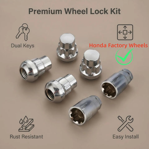 Honda Wheel Lock Kit 6 Piece M12x1.5 Anti Theft Lug Nuts With 2 Keys Ball Seat For All Honda Factory Wheels Fits Civic CRV Accord HRV Pilot Passport Odyssey