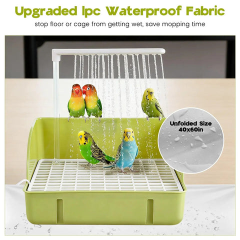 Spacious Expandable Indoor Bird Bath Fountain With Automatic Circulating Faucet And USB Pump Large Bird Bath For Parrots And Small Birds Easy Clean Green showing birds splashing under fountain.