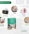8x20 Inch Vacuum Sealer Bags For Food, 2 Rolls showing uses like boiling, microwaving, freezing, sous vide, and food storage.