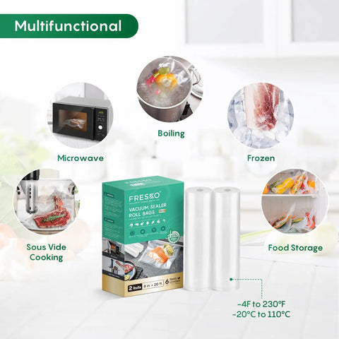 8x20 Inch Vacuum Sealer Bags For Food, 2 Rolls showing uses like boiling, microwaving, freezing, sous vide, and food storage.