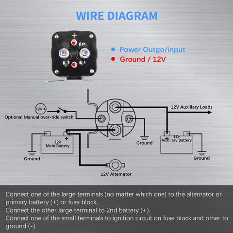Wire diagram for 200 Amp Battery Isolator and Continuous Duty Solenoid for 12V Systems, showing connections.