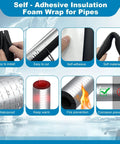 Features of Six Pack Three Quarter Inch Pipe Insulation Foam Tubes With Self Adhesive Aluminum Foil Wrap shown in visual panels.