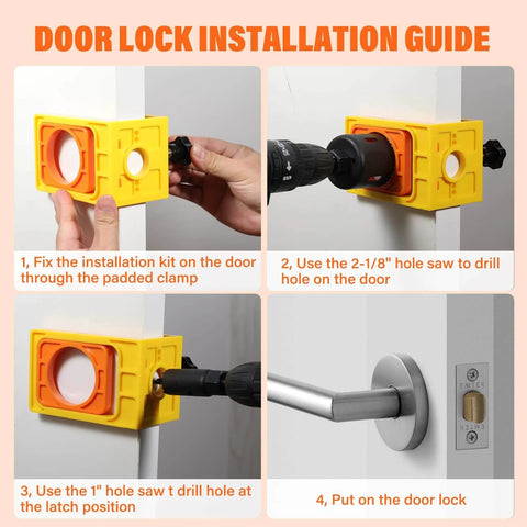 DIY Friendly Heavy Duty Wood Door Lock Installation Kit With C Clamp Jig Guide in use on wooden door with hole saw