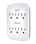 Six-Outlet Surge Protector Wall Tap With 900 Joules Of Protection, white compact design with indicator LED, converts one outlet into six