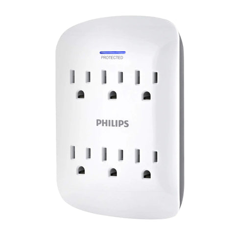Six-Outlet Surge Protector Wall Tap With 900 Joules Of Protection, white compact design with indicator LED, converts one outlet into six