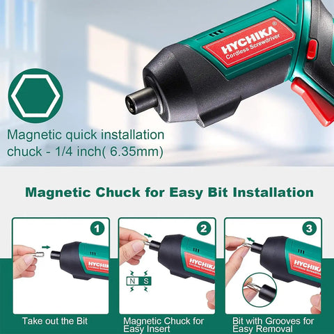 Cordless Electric Screwdriver With 6Nm Torque And 2000mAh Battery USB Quick Charge 20 Accessories, showing magnetic chuck use