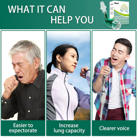 Diagram showing benefits of Lung Workout Breathing Compact Device With PEP Therapy For Mucus Clearance Portable Handheld Exhalation Trainer For Lung Expansion Includes Accessories Green