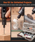 321 Piece Rotary Tool Bits Set For Compatibility With A Wide Range Of Projects Including Grinding Sanding Carving Polishing And Cutting Includes Three Universal Collets For Quick Bit Changes. Image shows tools for wood, metal, glass works.