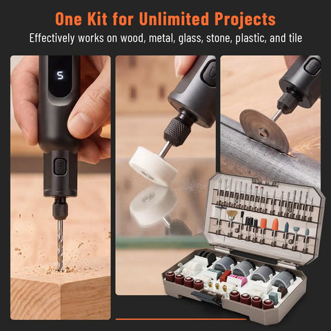 321 Piece Rotary Tool Bits Set For Compatibility With A Wide Range Of Projects Including Grinding Sanding Carving Polishing And Cutting Includes Three Universal Collets For Quick Bit Changes. Image shows tools for wood, metal, glass works.