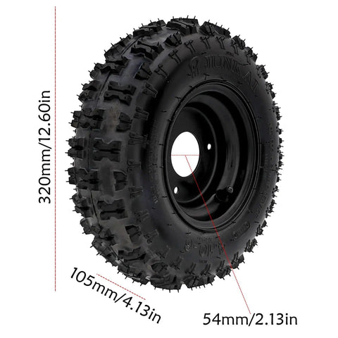 Rear Axle Shaft Assembly Kit 740mm 29 1/8in With 4.10-6 Tire 6 Inch Rim visible with detailed tire dimensions