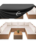 Heavy Duty Waterproof Patio Furniture Covers For Table And Chairs Set All Weather Protection UV Resistant No Tears Or Fading 110 Inch Long By 84 Inch Wide By 28 Inch High Durable 420D Fabric covering a patio sofa set