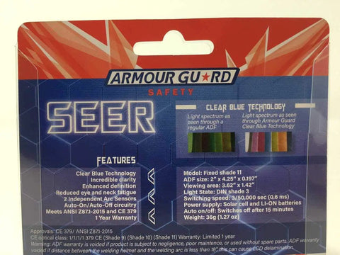Packaging of Armour Guard SEER welding lens with description of features such as Clear Blue Technology and auto darkening.