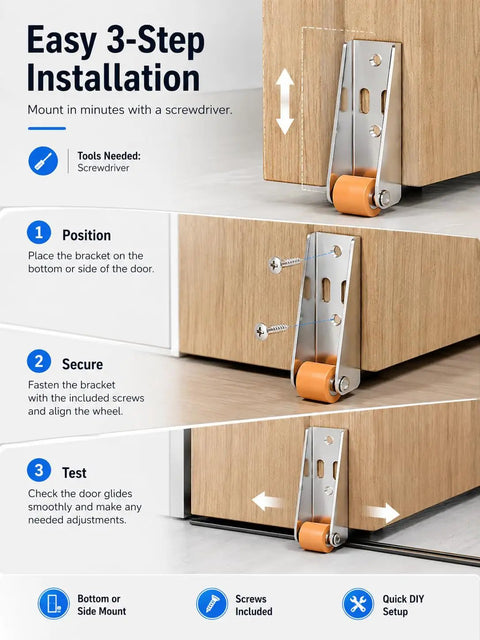 Easy 3-step installation guide for Heavy Duty Vertical Track Roller Wheel With Bracket Handles Heavy Doors Like A Dream.