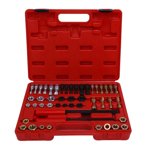 Heavy Duty 48 Piece Steel Thread Chaser Kit With 22 Taps And 24 Dies Plus Two Files For Cleaning Restoring Damaged Threads On Bolts Studs Nuts Perfect For Mechanics In The Garage Or DIY Auto Projects, red case open