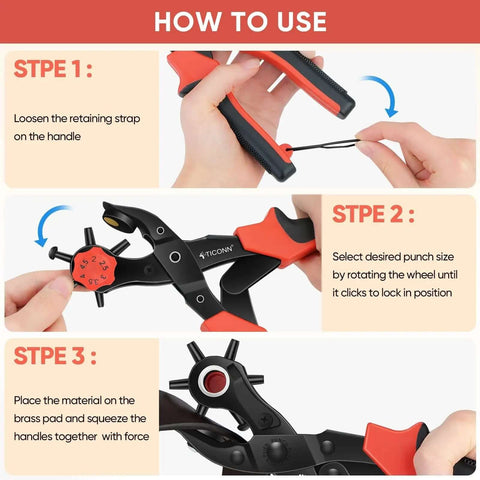 Step-by-step instructions for using the Beefy Heavy Duty Leather Hole Punch Tool Set with multi-size punches for clean holes.