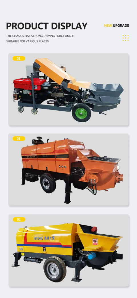 Field Ready Mini Concrete Pump Machine With Portable Hydraulic Setup And Plug And Play Vibrating Screen Filter For No Headache High Pressure Grouting On Any Real Deal Build Site - front view of yellow and orange concrete pump machines