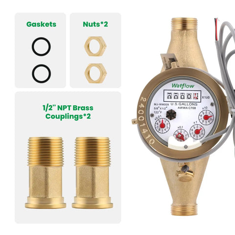 DN15 Cold Water Meter With Pulse Output 1/2 Inch NPT, AWWA 708 Certification Gallon Flow Meter, brass case, gaskets, and couplings