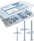 30 Sets Heavy Duty Toggle Bolts Kit For Drywall And Hollow Walls With One Quarter Inch, Three Sixteenth Inch And One Eighth Inch Butterfly Anchors And Screws, Rust Resistant Carbon Steel Construction For Sheetrock Ceiling Mounting And Secure Heavy Objects showing packaging and components