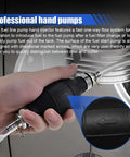 Heavy Duty 8mm Manual Primer Bulb Fuel Transfer Pump Works Like A Champ For Gas And Diesel Handles Kerosene Or Water Pulls Clean Each Time Zero Sweat Fits Cars Boats Motorcycles shown in hand, highlighting one-way flow and directional markings.